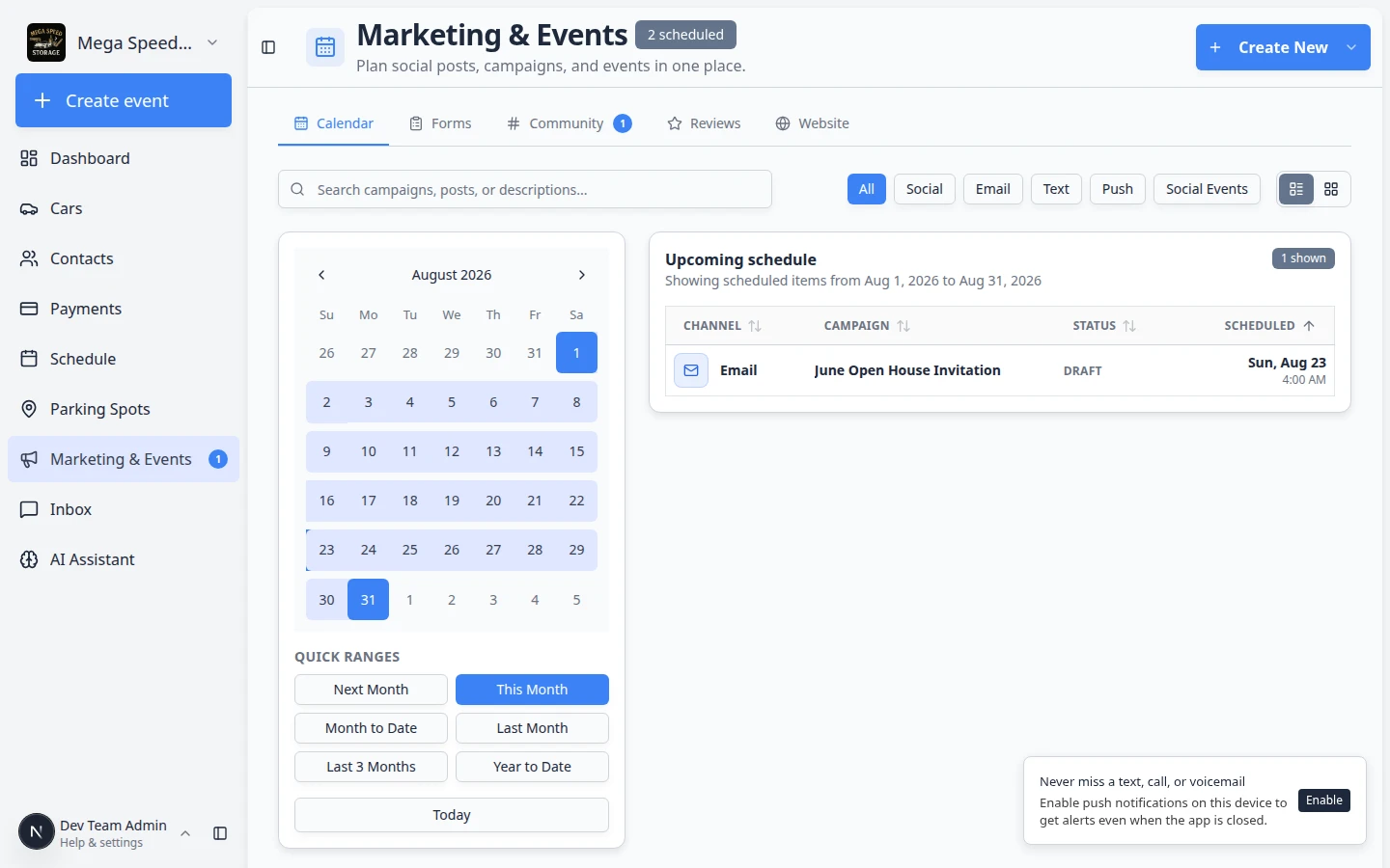 Marketing and Events calendar showing scheduled social, email, and event items