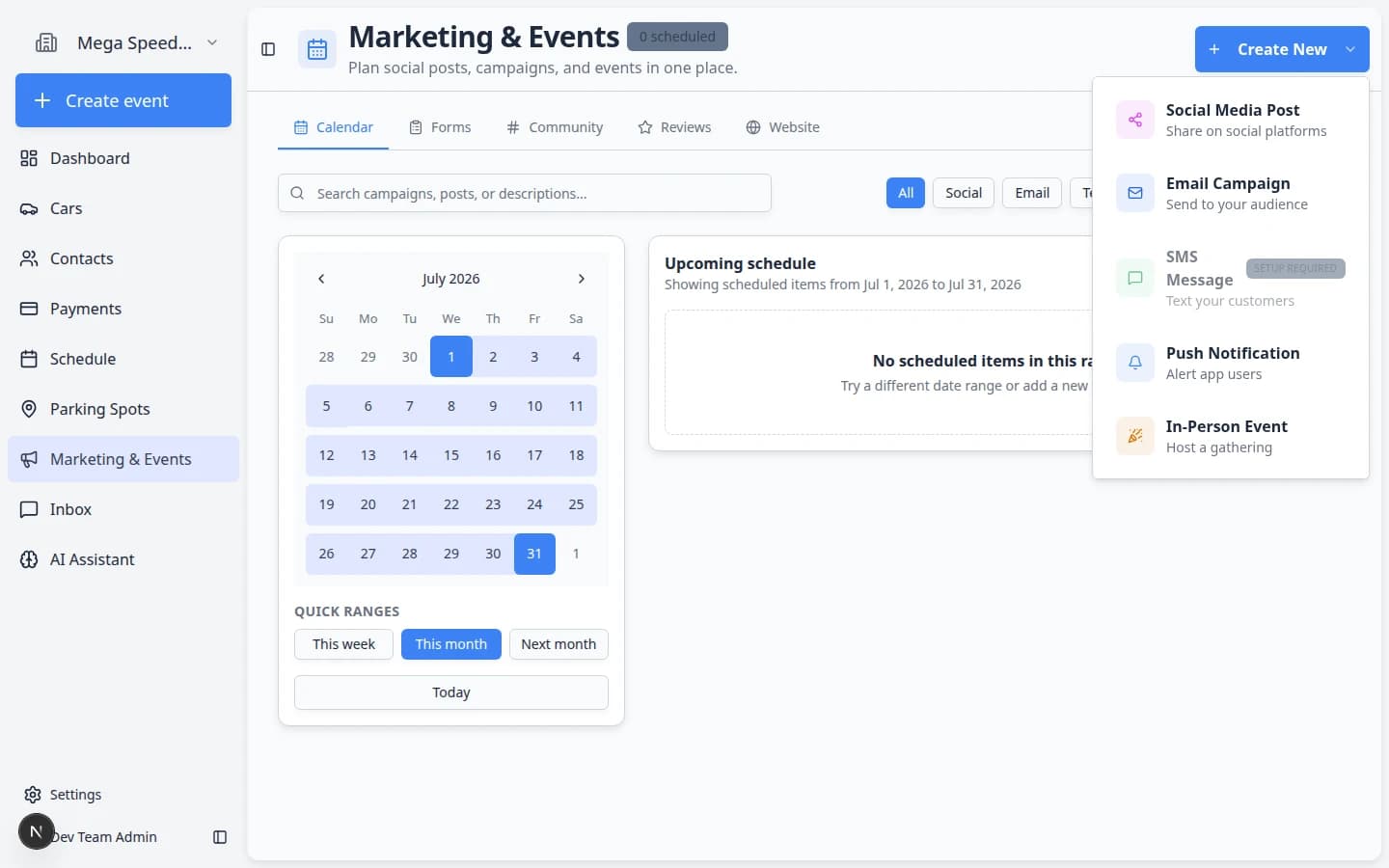 Create New menu in Marketing and Events showing email, text message, social post, push notification, and in-person event options