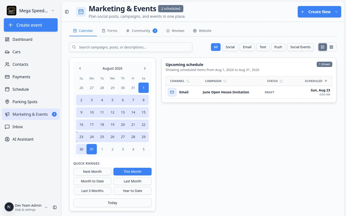 Create New menu showing options to start an email campaign, text message, social post, or in-person event