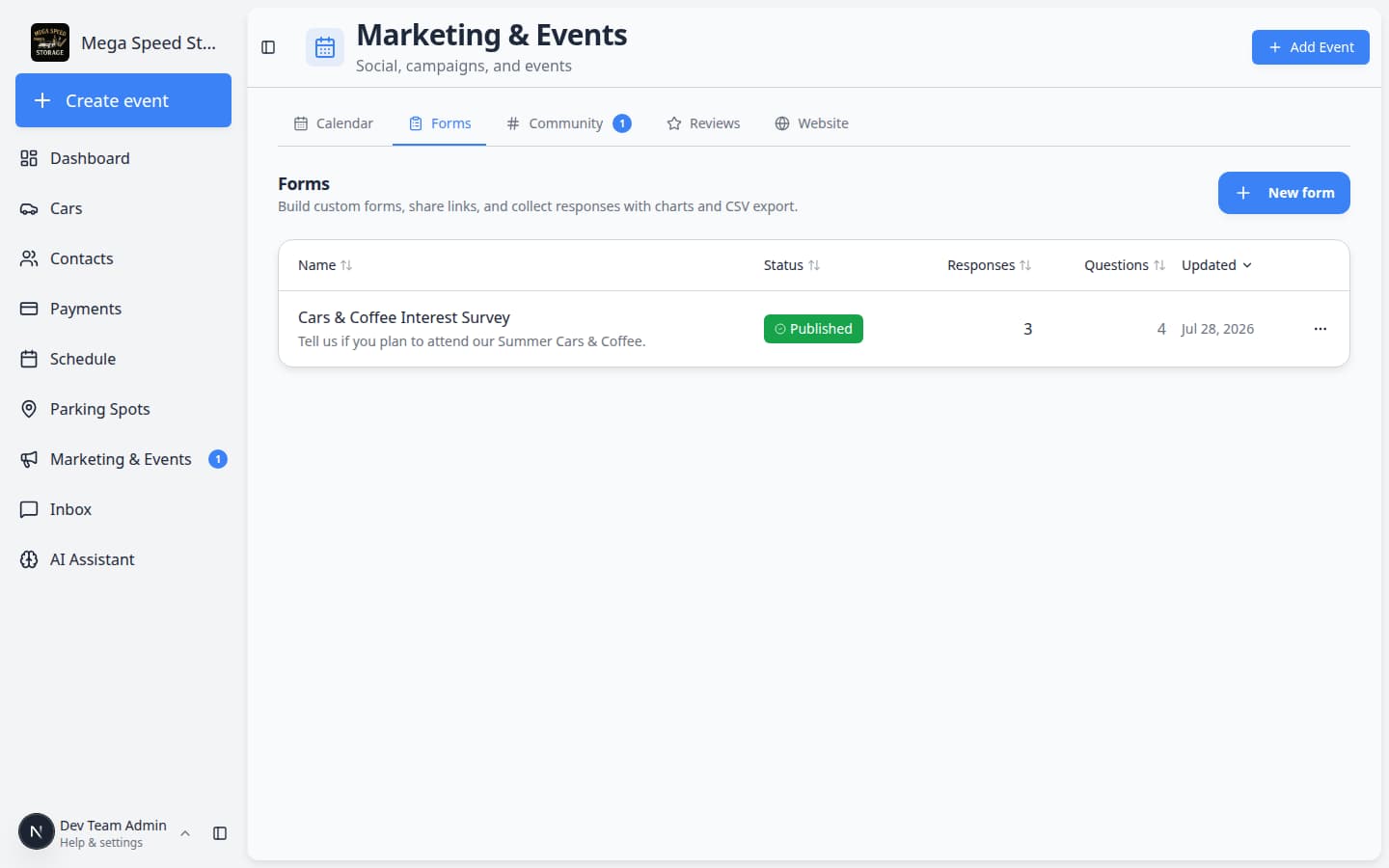 Marketing and Events page with the Forms tab selected showing a list of custom forms with status badges