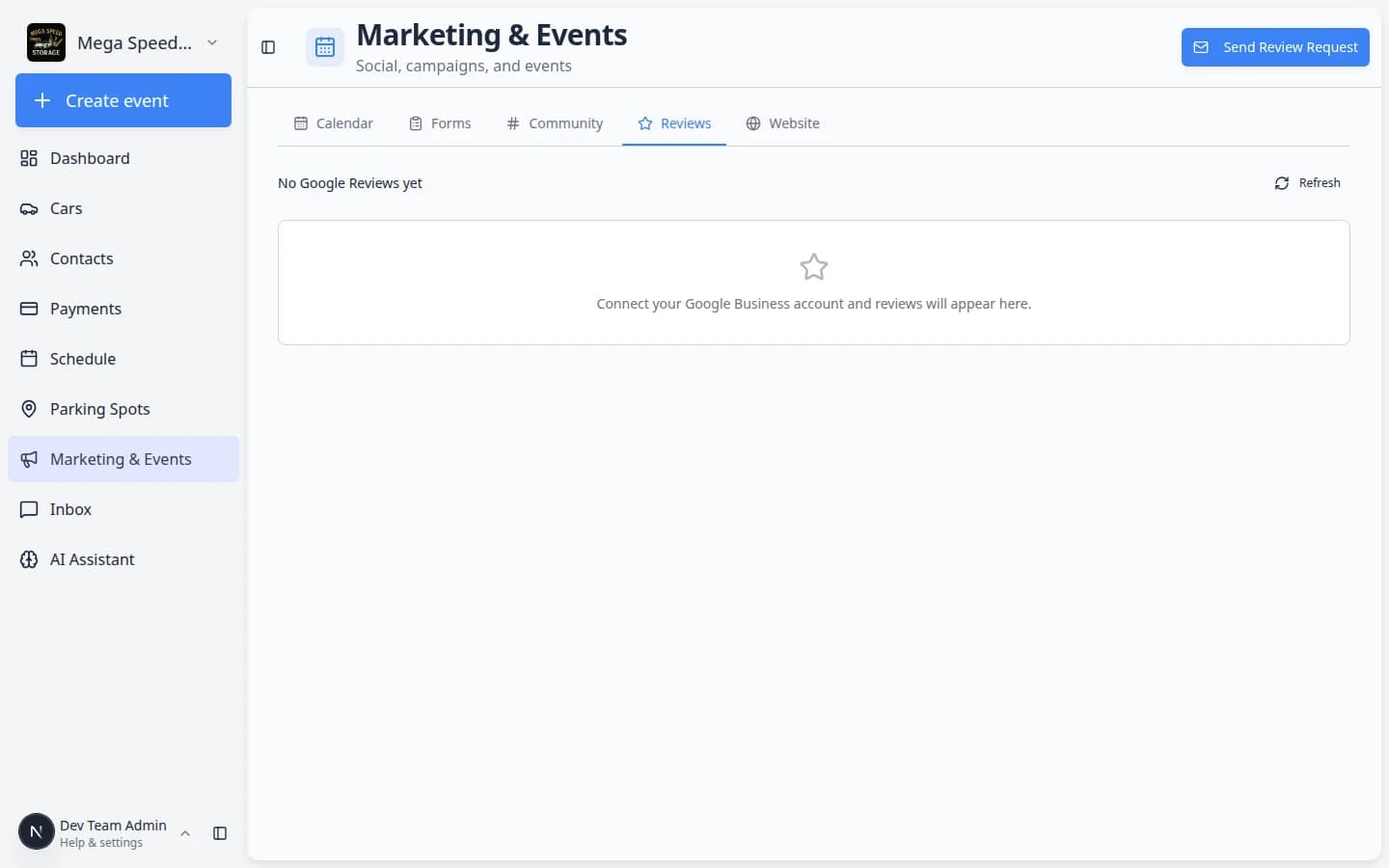 Reviews page with summary area and a message that Google reviews will appear after the business account is connected
