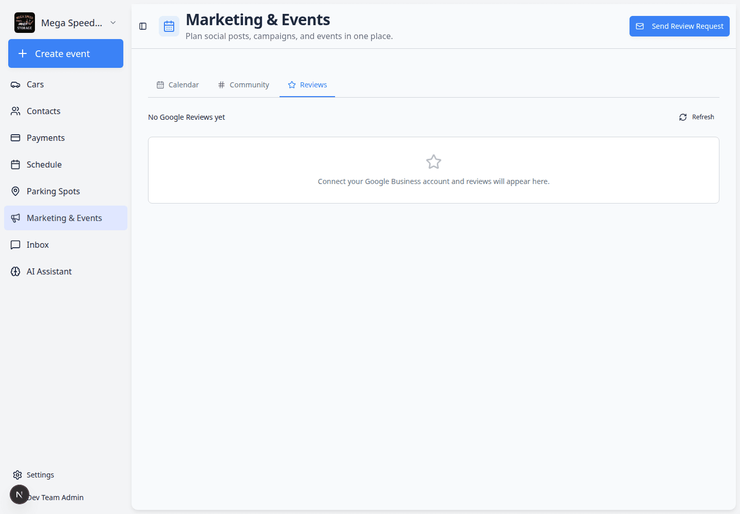 Reviews page showing review summary cards and a Send Review Request button