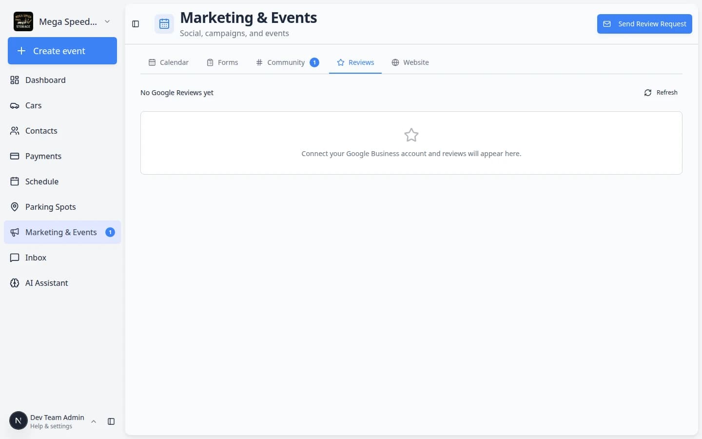 Reviews page showing summary cards, review list area, and Send Review Request button in the header