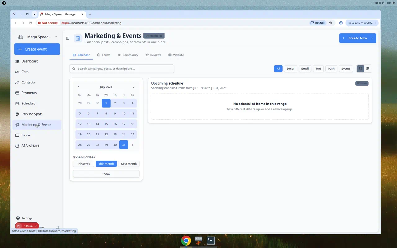 Marketing and Events page showing five tabs across the top: Calendar, Forms, Community, Reviews, and Website