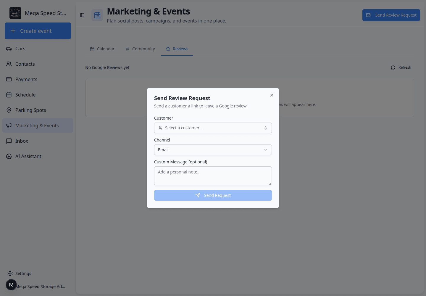 Send Review Request dialog with Customer, Channel, Custom Message, and Send Request fields