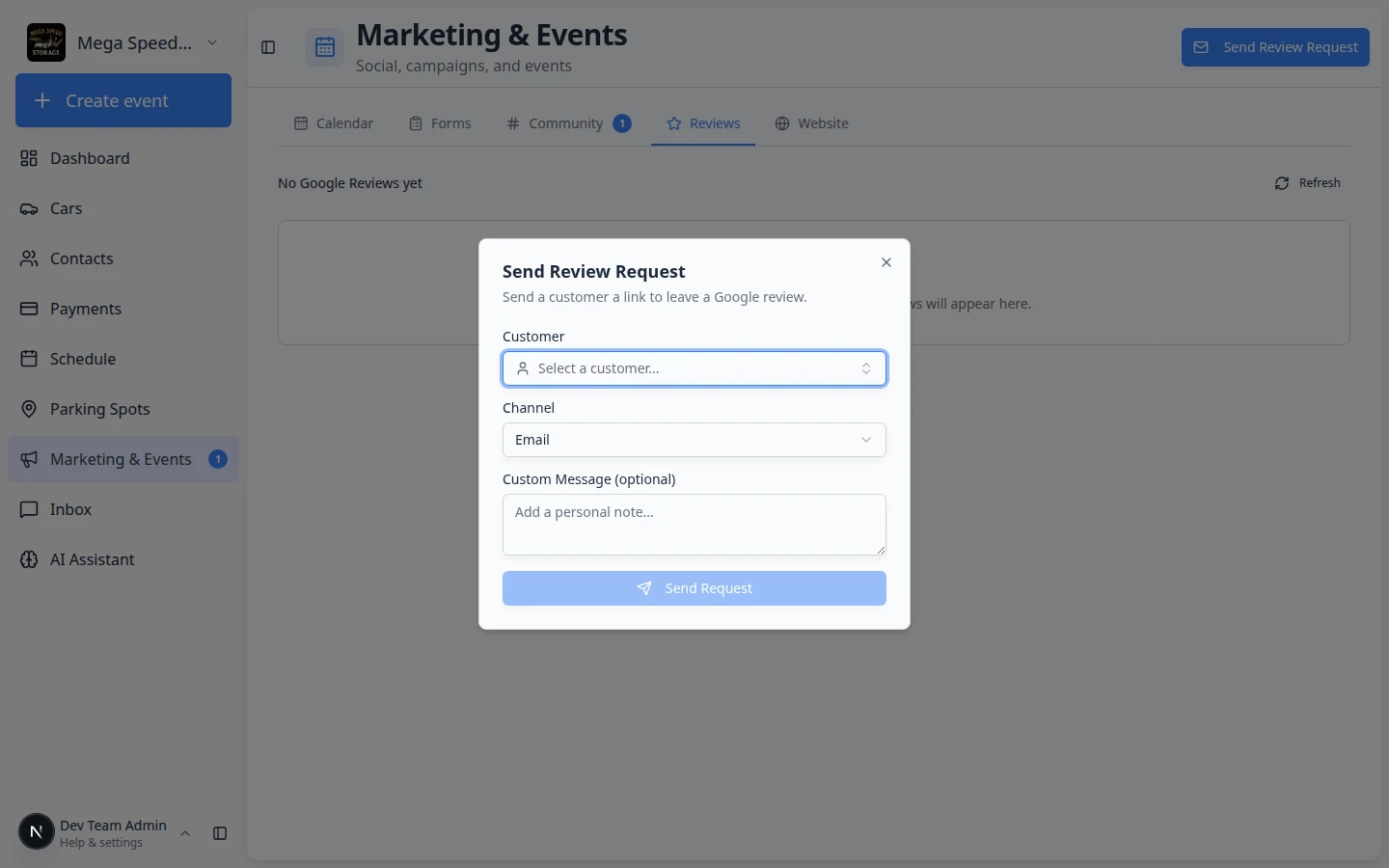 Send Review Request dialog with Customer, Channel, Custom Message, and Send Request fields