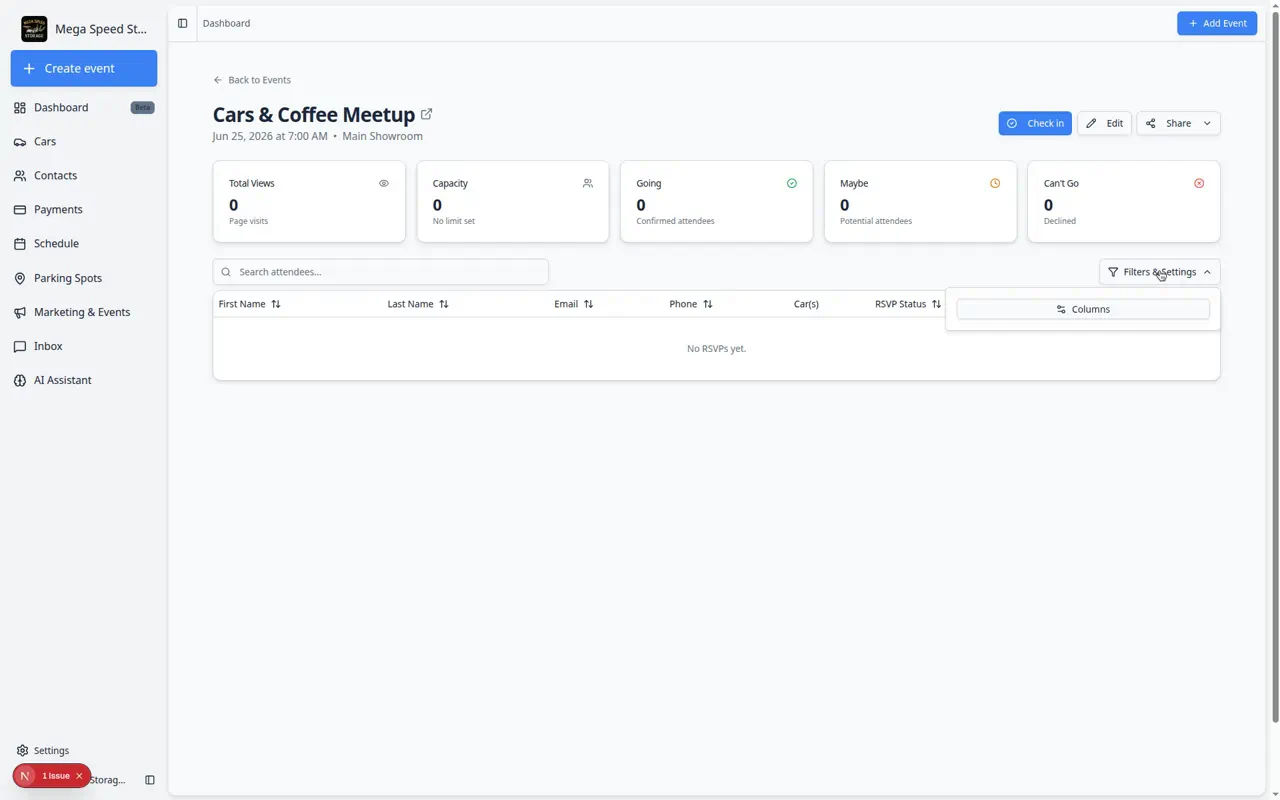 Social event attendee table with Filters and Settings menu open showing Columns option