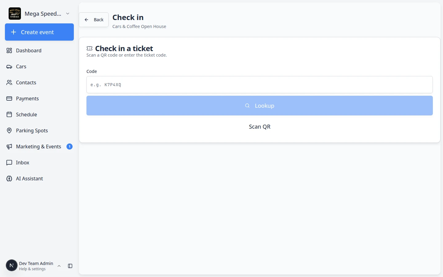 Manual ticket code entry on the check-in page showing a Code field and Lookup button
