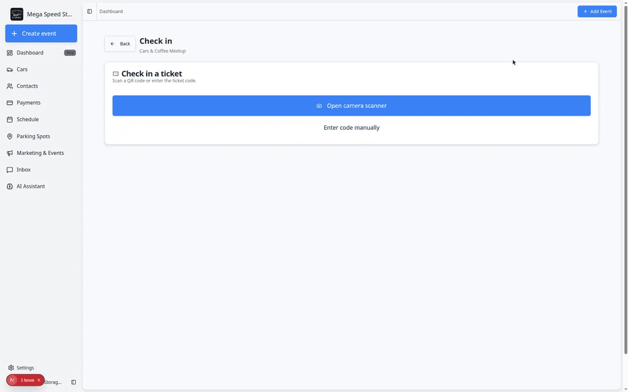 Event check-in page with Open camera scanner button and Enter code manually link below the event title