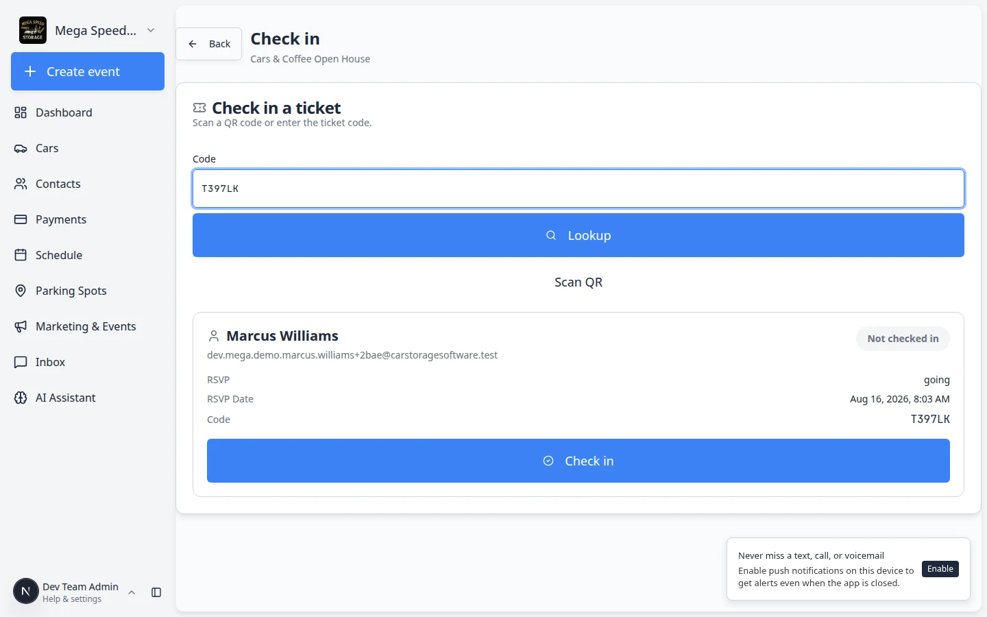 Check-in screen showing Marcus Williams ticket details with Not checked in badge and a blue Check in button