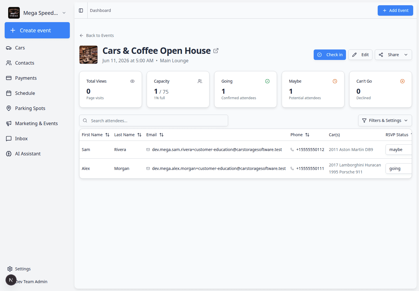 Social event detail page showing event title, capacity, going count, attendee table, Check in button, Edit button, and Share button