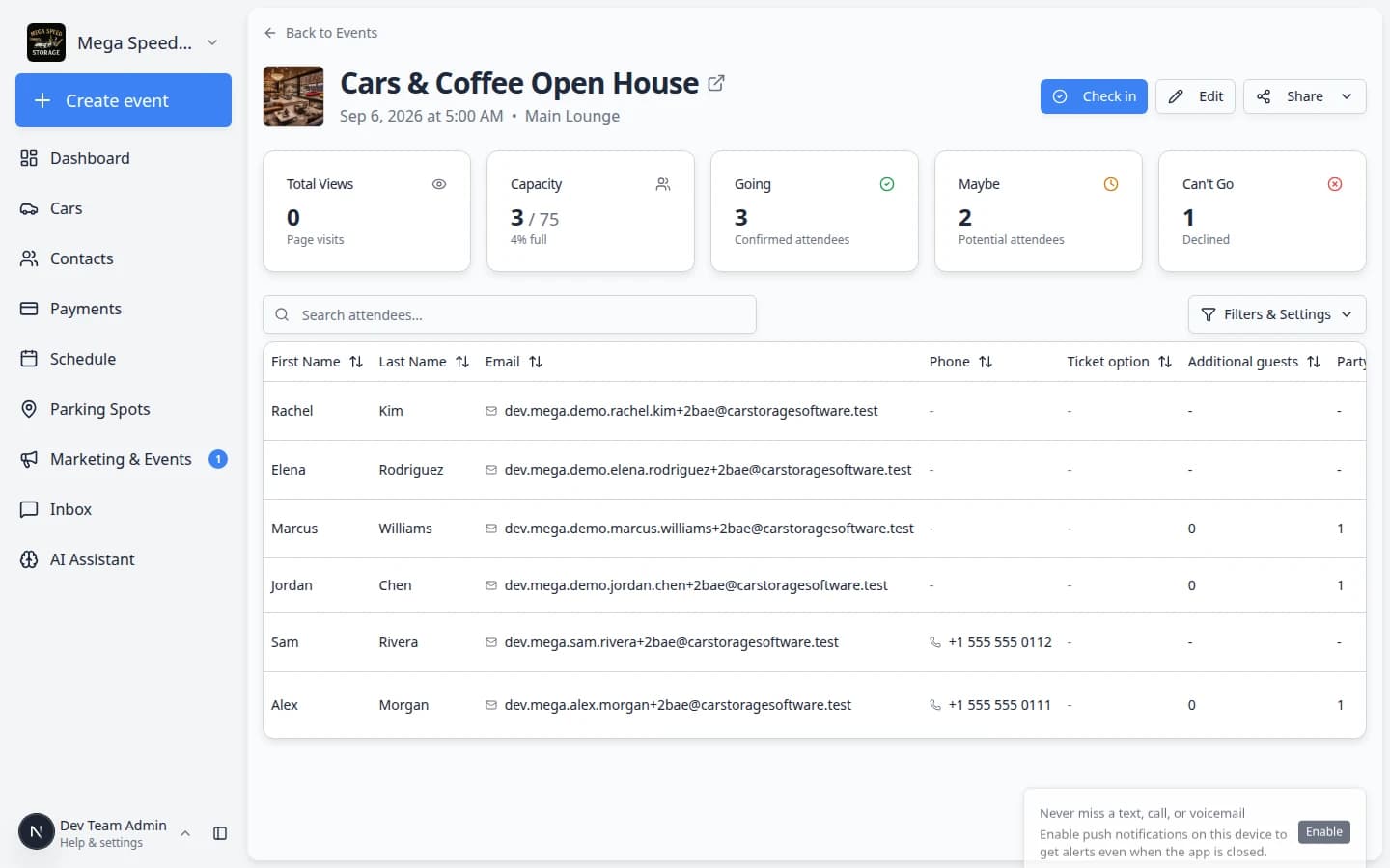 Social event detail page showing Check in button, attendance summary cards, and attendee list