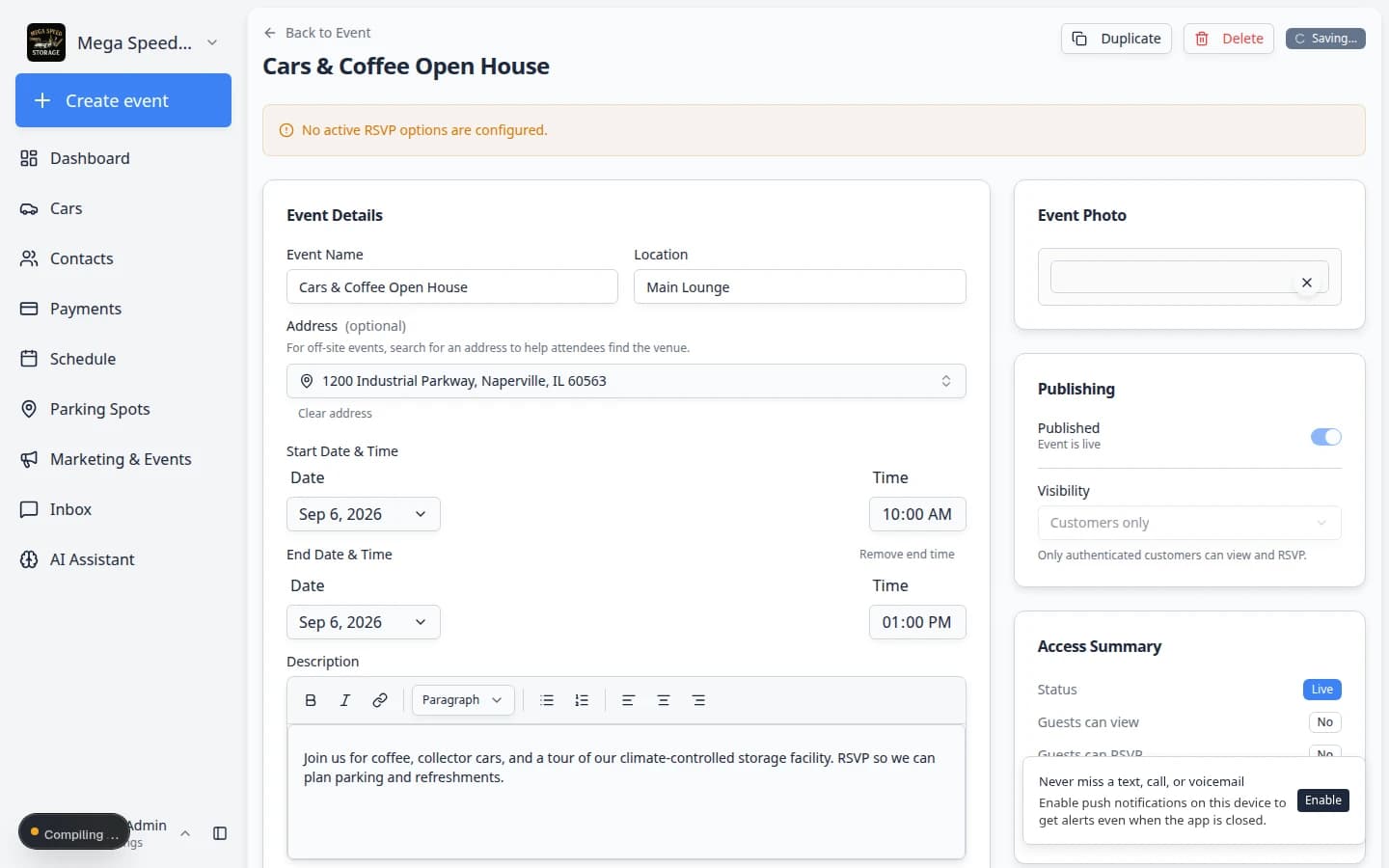 Social event edit page showing ticket options such as Add option, Enable waitlist, and Allow multiple tickets