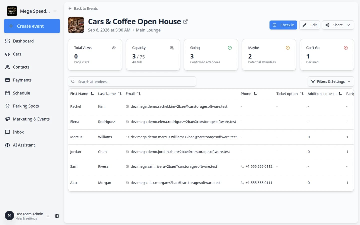 Social event attendee table showing RSVP Status dropdown and Checked In column with Not checked in badges