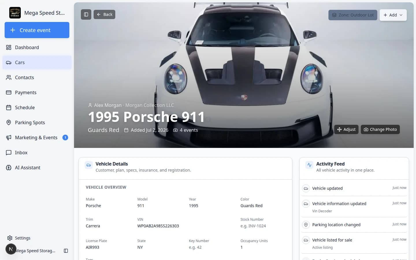 Car detail page for a Porsche showing Zone Outdoor Lot on the parking location button near the top of the page
