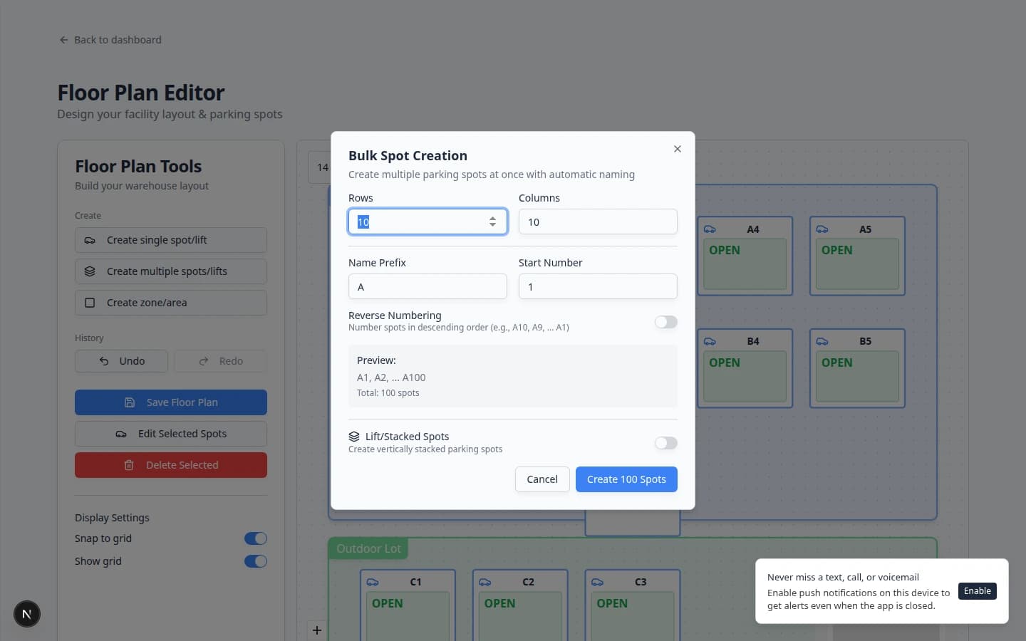 Bulk Spot Creation dialog showing Rows, Columns, Name Prefix, Start Number, and a preview of spot names such as A1 through A100