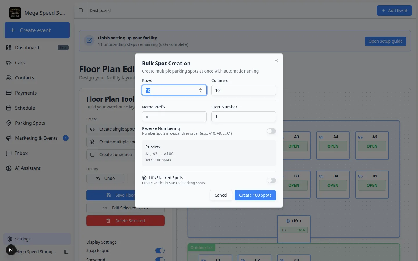 Bulk Spot Creation dialog showing Rows, Columns, Name Prefix, Start Number, and a preview of spot names such as A1 through A100