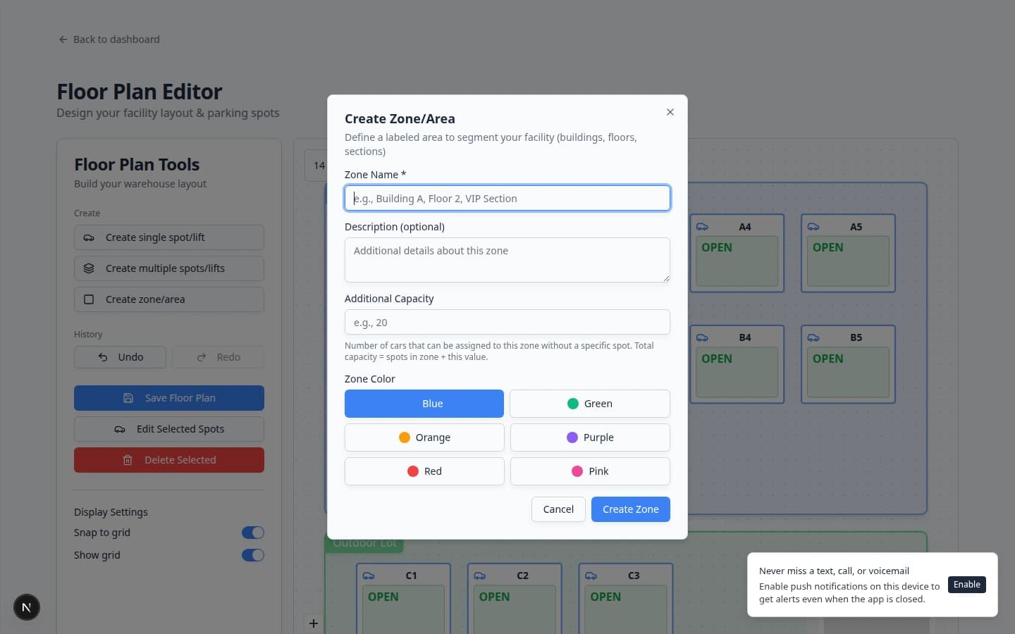 Create Zone or Area dialog with fields for zone name, description, additional capacity, and a color picker