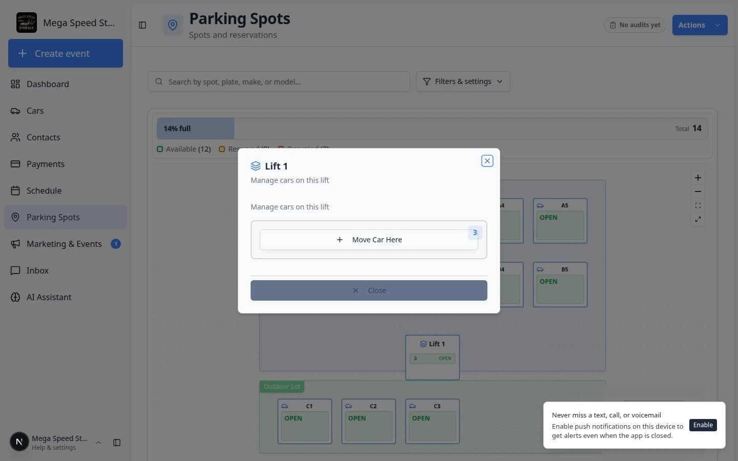 Lift 1 parking spot dialog on the map showing options to manage cars on the lift