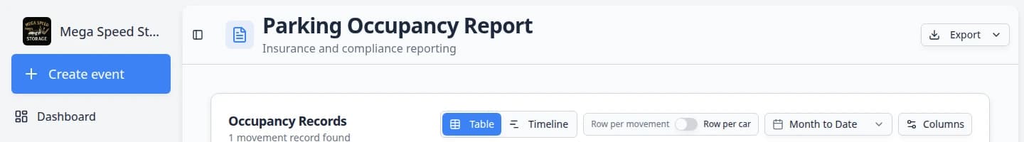 Parking report date range menu open showing quick options such as Month to Date and Last Month plus custom start and end dates