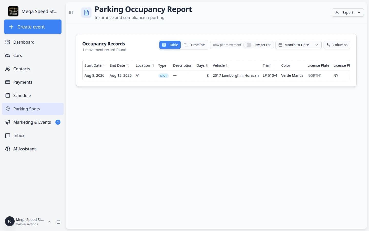 Parking Occupancy Report showing date range controls and assignment rows including spot, zone, and vendor types