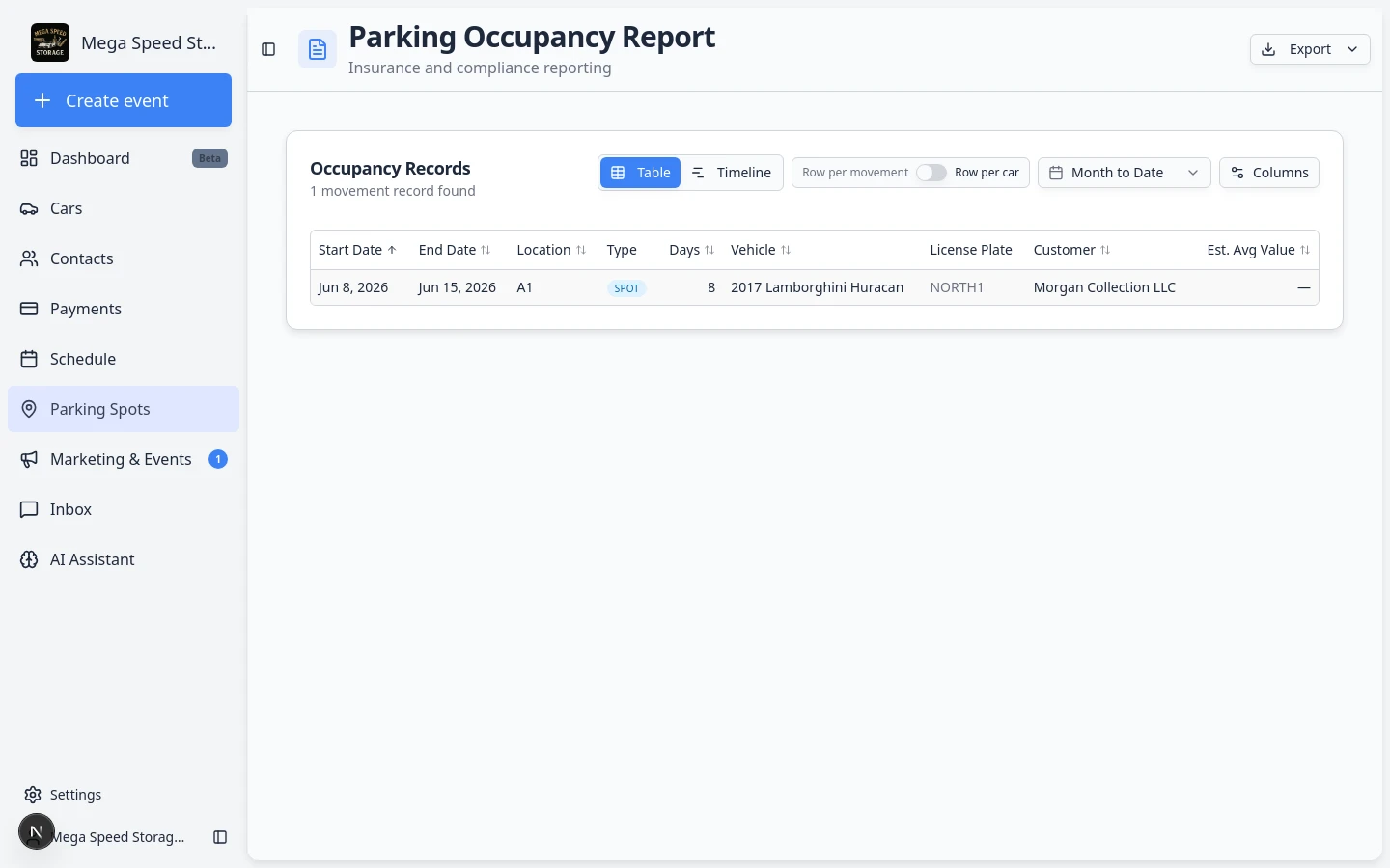 Parking report page showing date range controls, export controls, and parking assignment rows