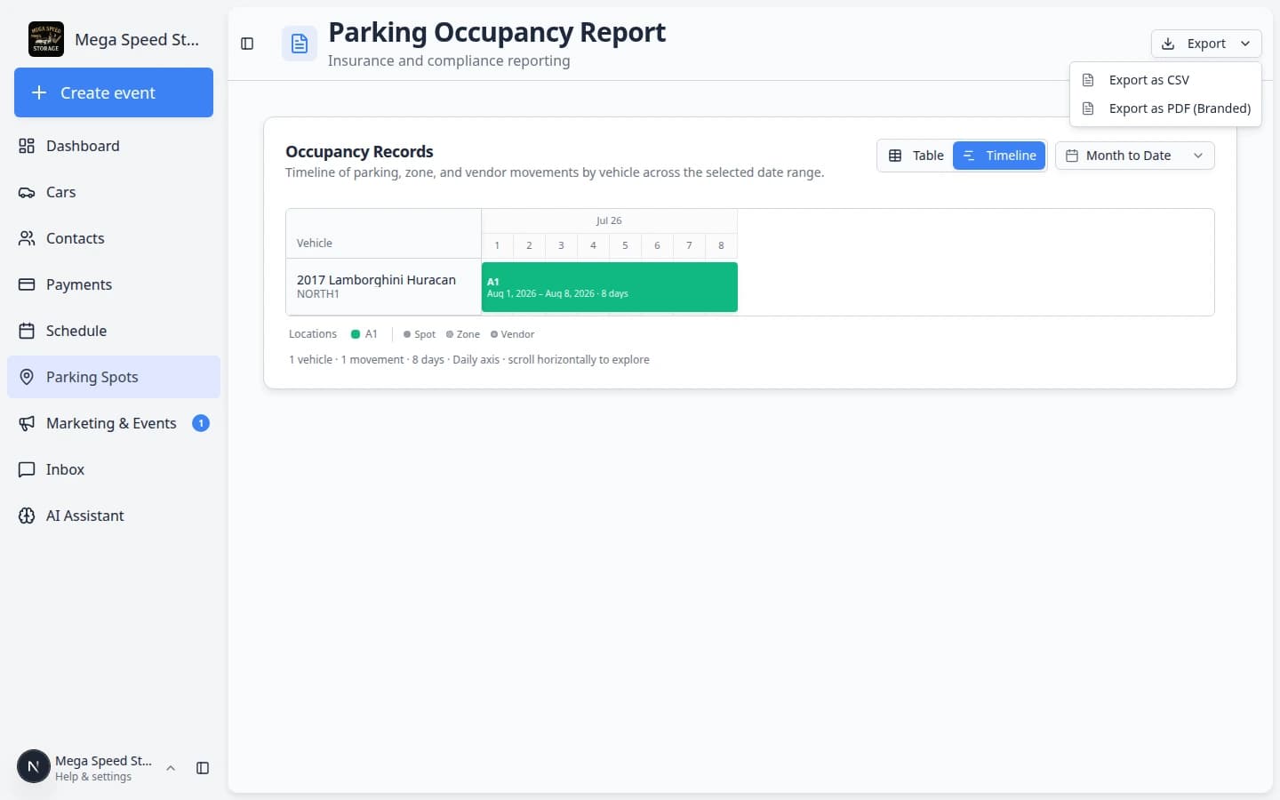 Parking report table showing a row with Type Vendor and the vendor company name in Location