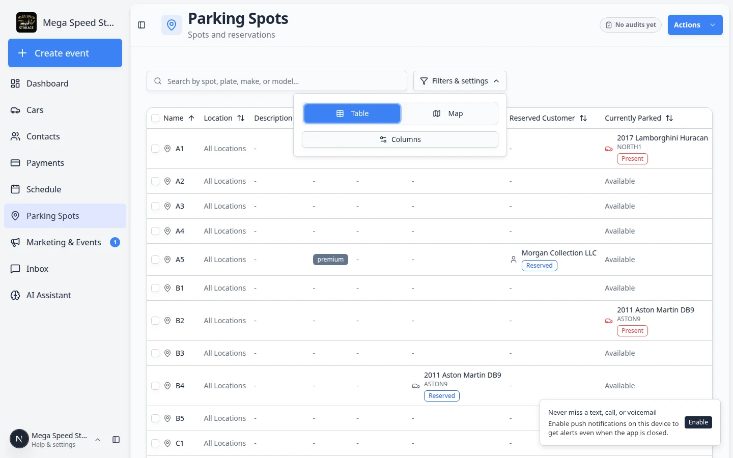 Filters and Settings panel on Parking Spots showing Map and Table view buttons and display options