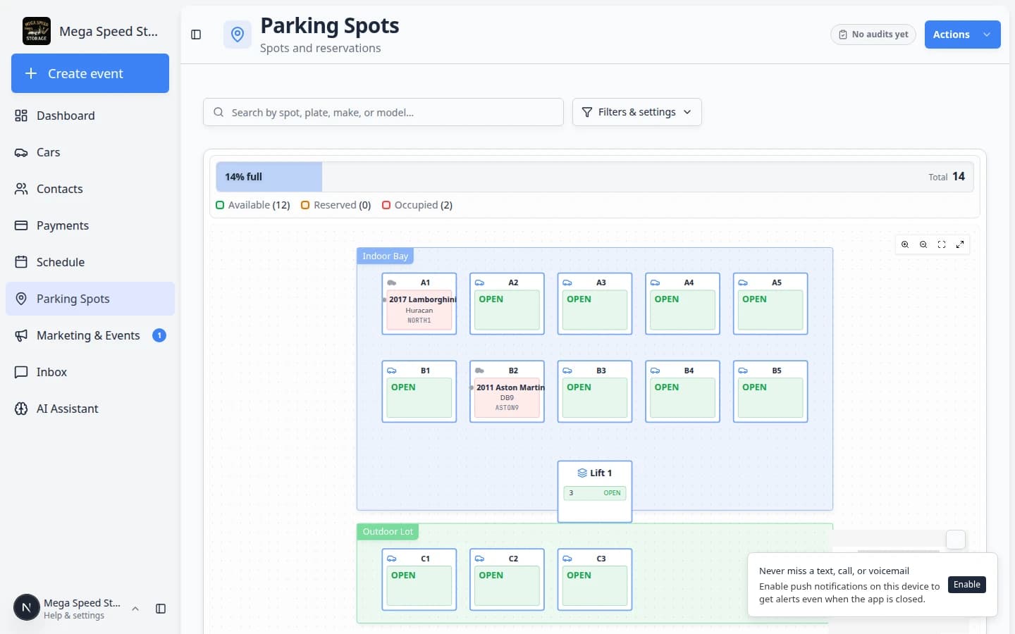 Parking Spots map showing Indoor Bay and Outdoor Lot zones with numbered spots and a legend for Available, Reserved, and Occupied counts