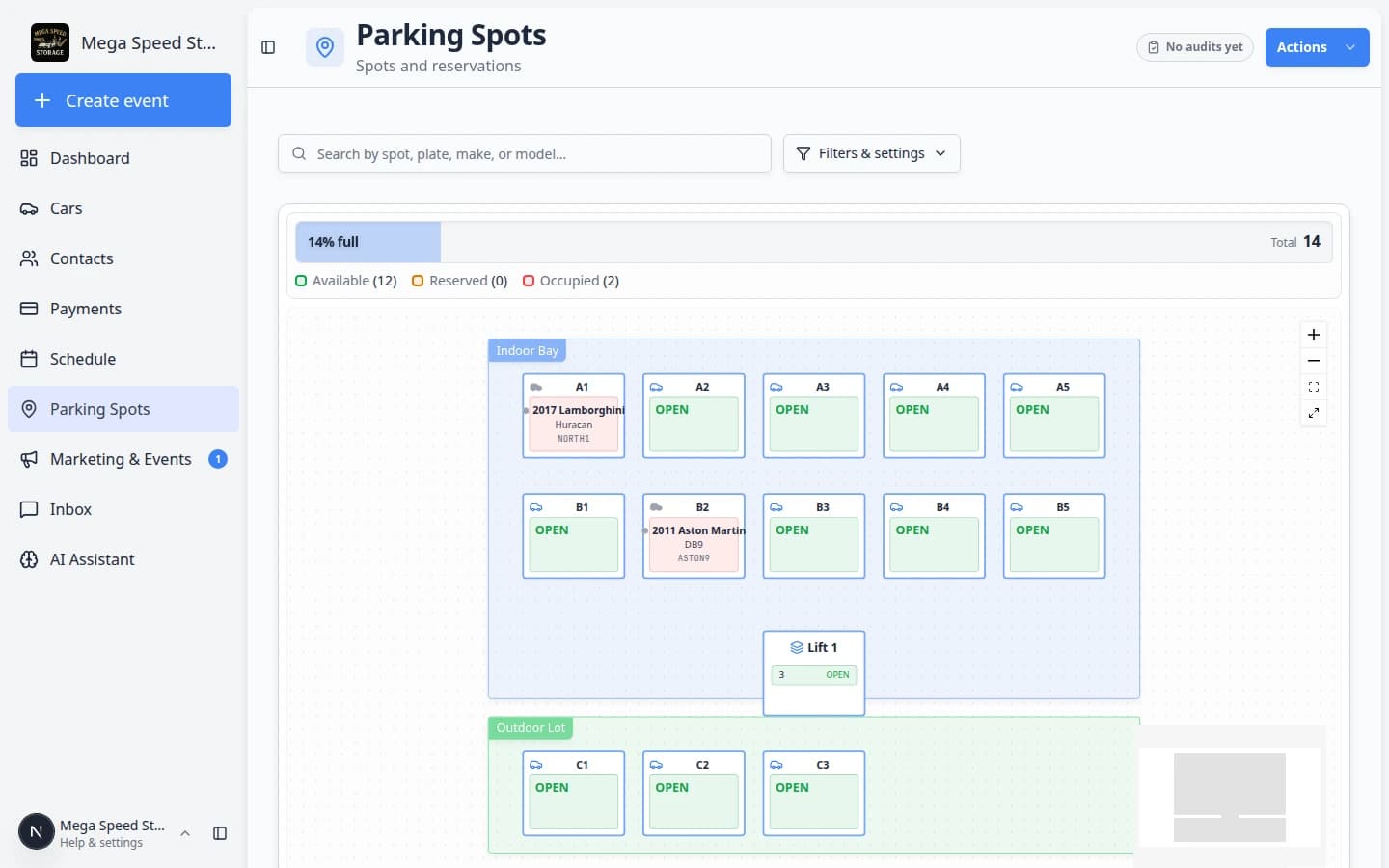Parking Spots map after assignment showing the vehicle in its updated spot