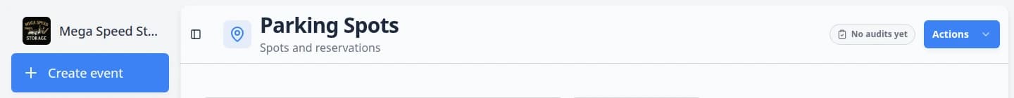 Top of the Parking Spots page showing the page title, search bar, Filters and settings button, Report button, and Add Parking Spot button