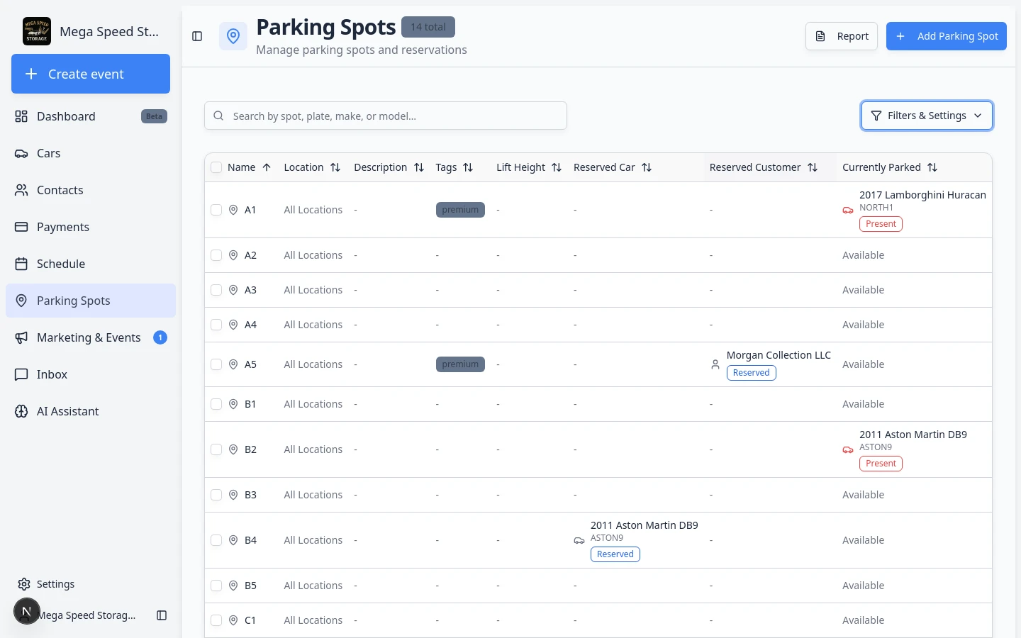 Parking Spots table highlighting Currently Parked badges for Present and Reserved cars and Active status badges in the Status column