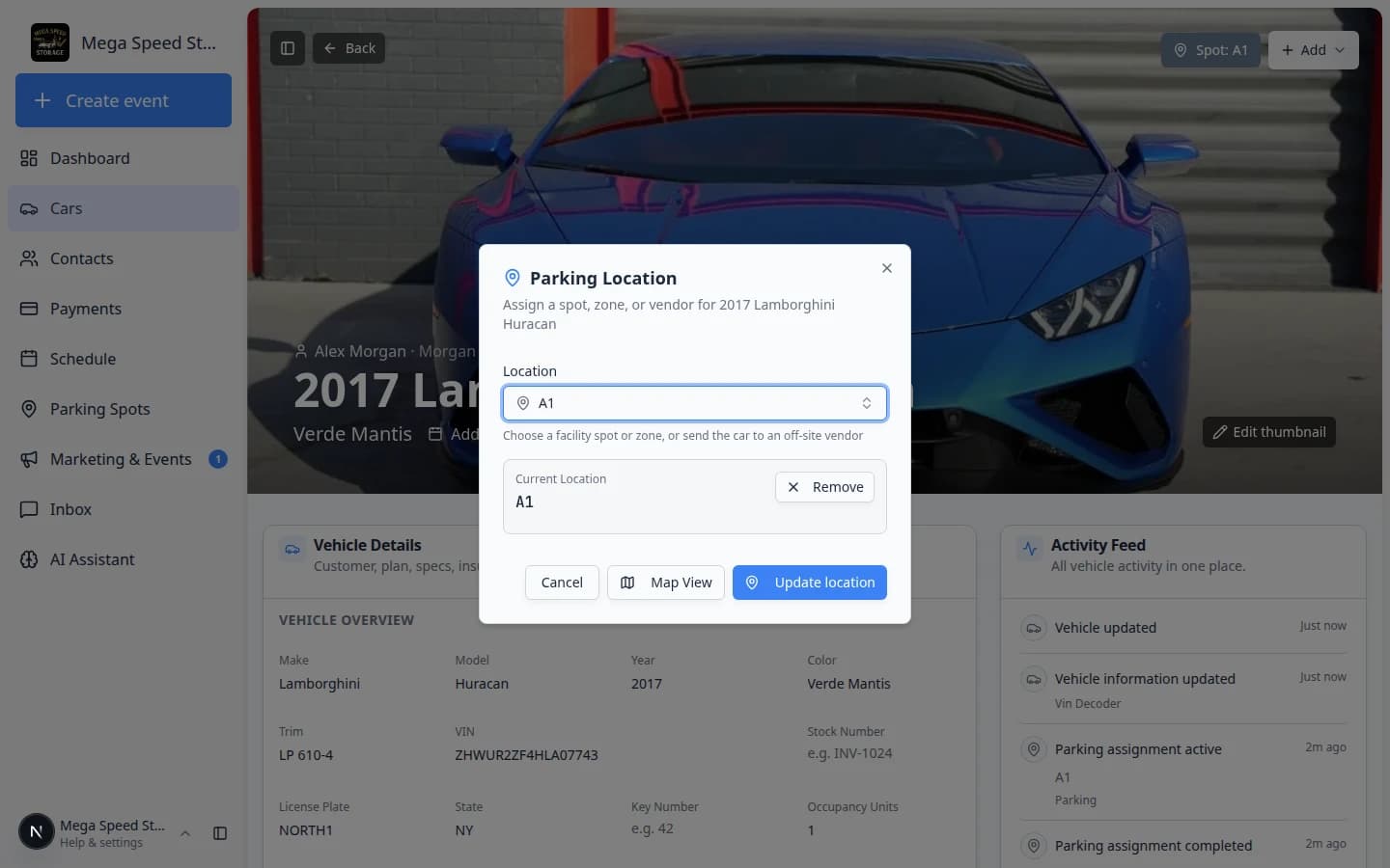 Location picker on a car record showing Vendors section with a transport company listed
