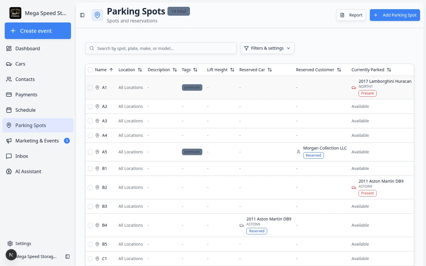 Move vehicle picker showing Zones section with Indoor Bay and Outdoor Lot capacity counts and a Spots list below