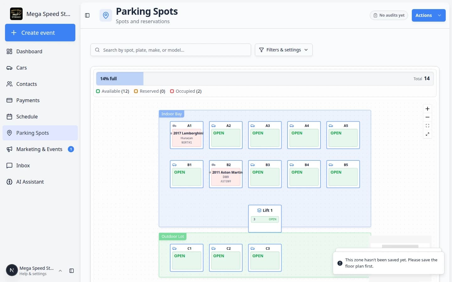 Outdoor Lot zone dialog on the parking map showing capacity and cars assigned to the zone