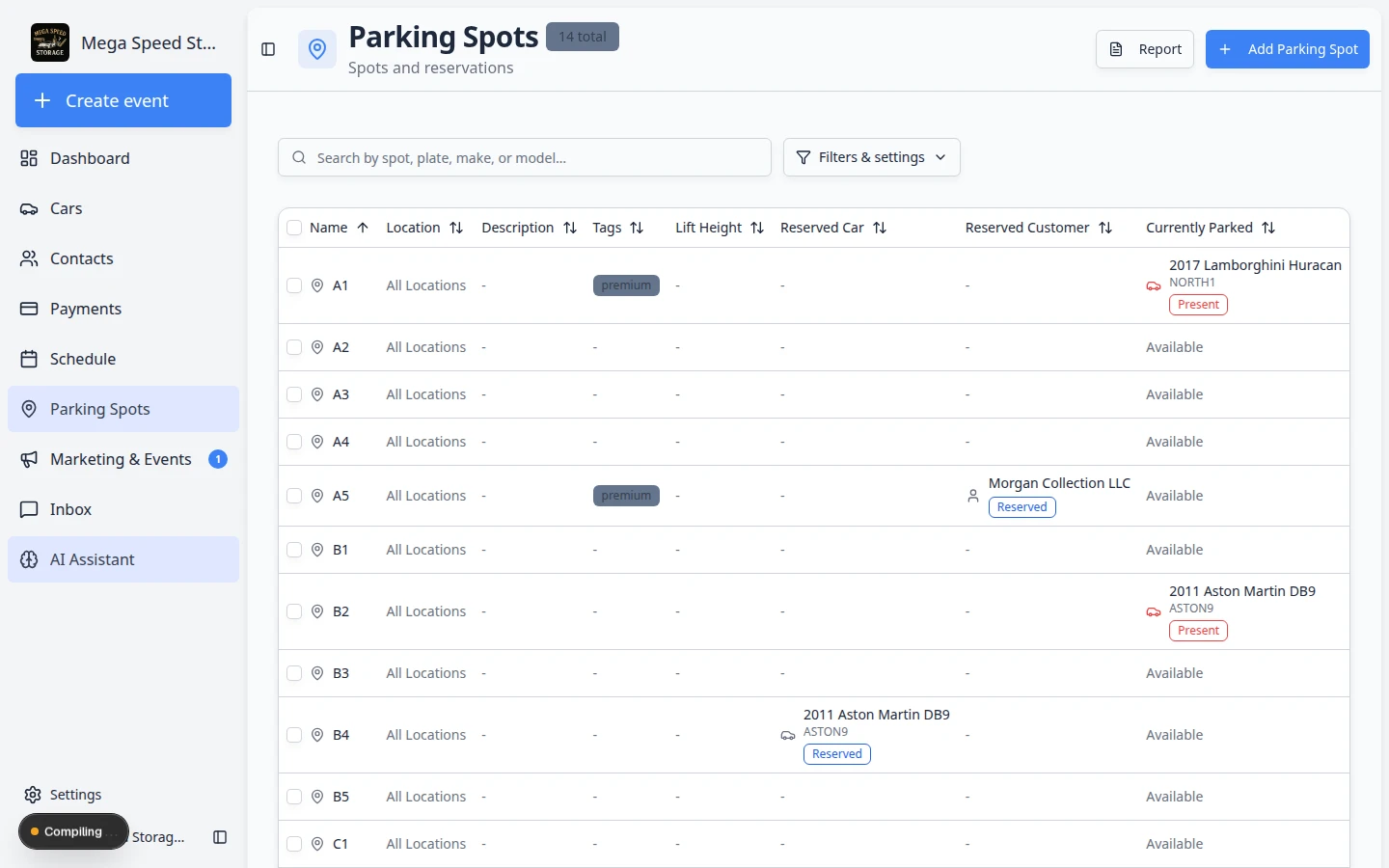 Zone dialog on the Parking Spots map showing Outdoor Lot with capacity counts and a list of cars currently in the zone