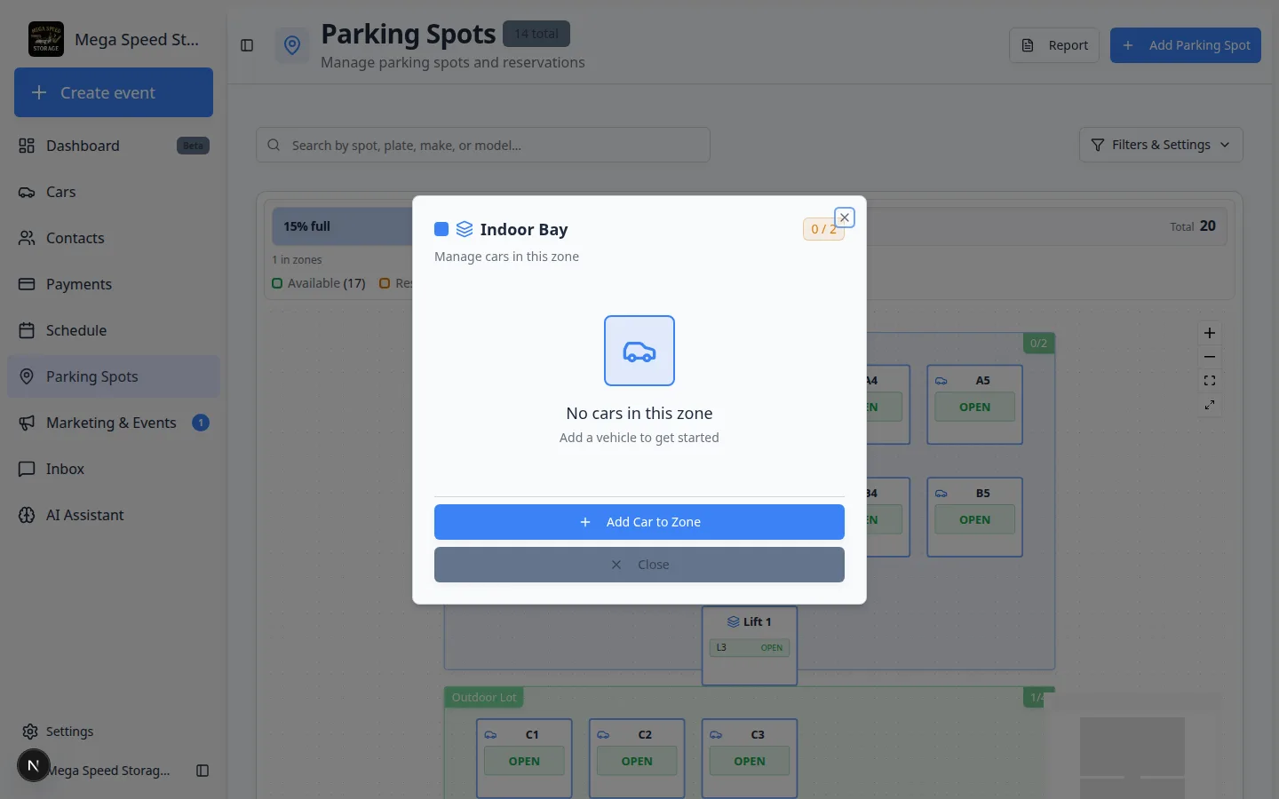 Outdoor Lot zone dialog on the parking map showing capacity and cars assigned to the zone