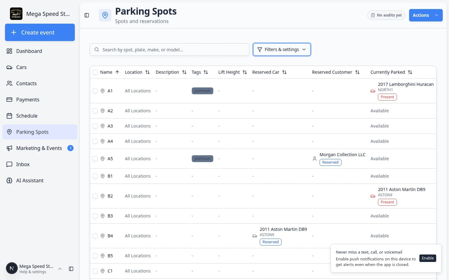 Reserve Parking Spot dialog with options to reserve for a car or customer and search fields to pick the right record