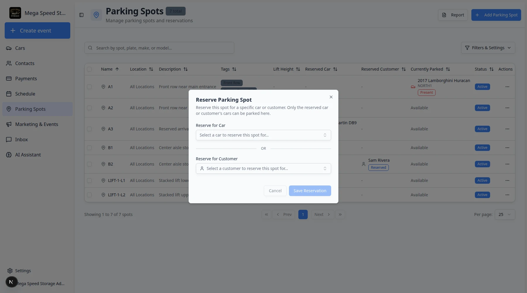 Reserve Parking Spot dialog with fields for reserving a spot for a car or customer