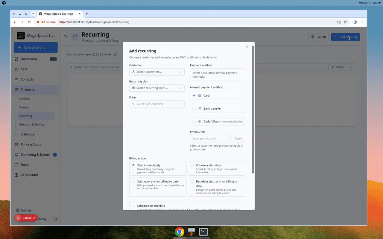 Add recurring dialog showing customer search, product, price option, payment method, billing start date, and billing action choices