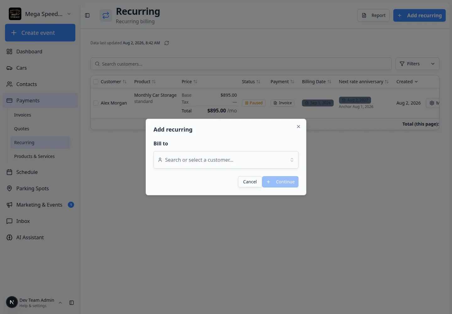 Add recurring dialog showing customer search, product, price option, payment method, billing start date, and billing action choices