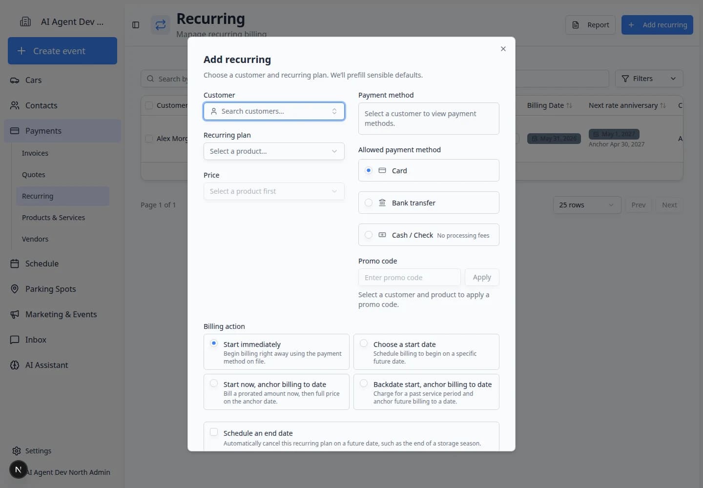 Add recurring dialog showing customer, product, price, billing timing, start date, quantity, and payment options