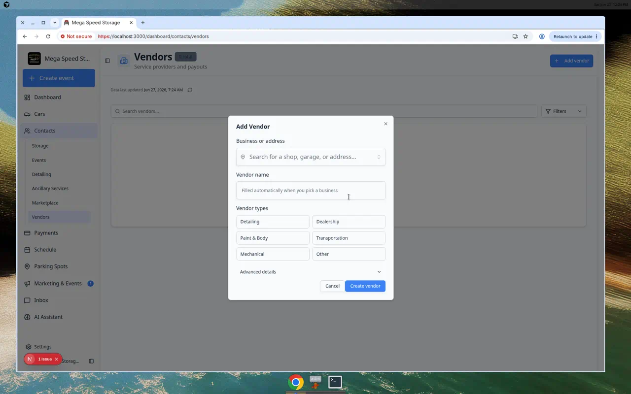 Add Vendor dialog showing business search, vendor name, vendor type buttons, and Advanced details section