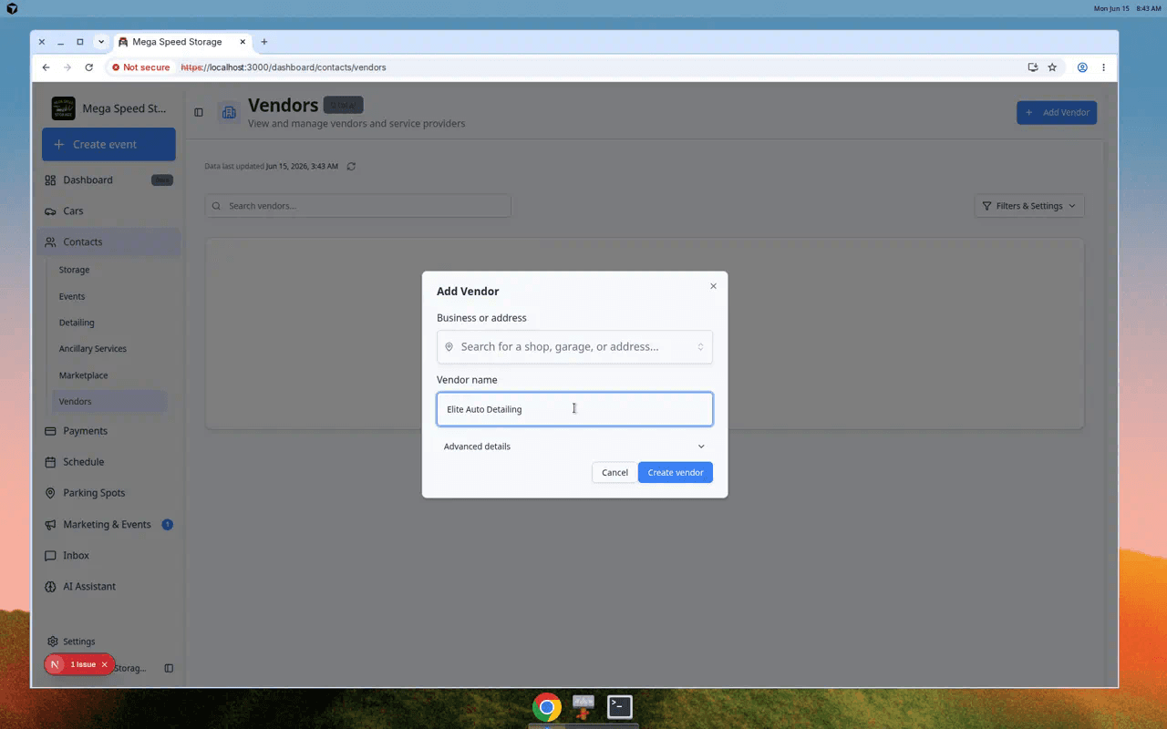 Add Vendor dialog showing first name, last name, company name, email, phone, address, notes, and invitation checkbox