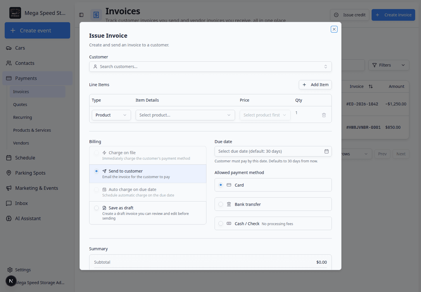 Issue Invoice window showing line items and payment summary—use the same fields when reviewing totals on a saved invoice