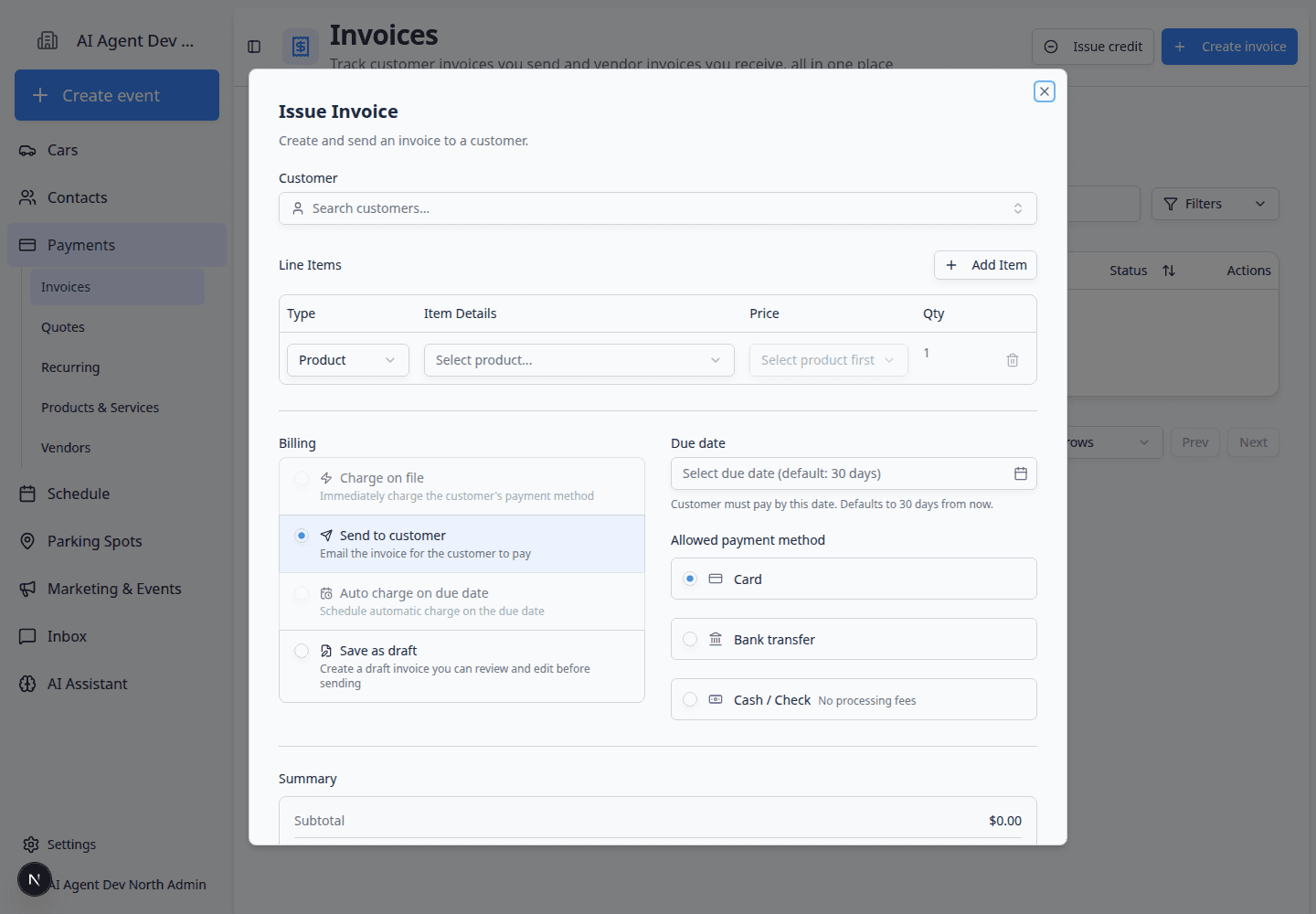 Create invoice dialog showing customer selection, due date, payment behavior, line items, and invoice total