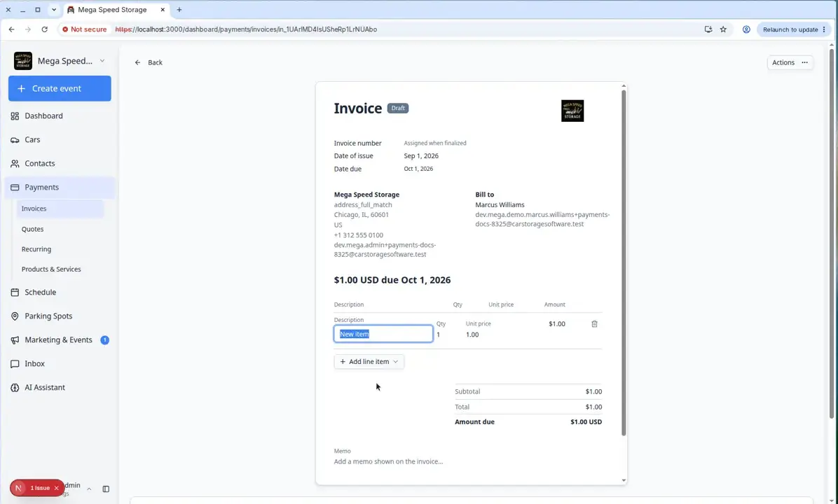Create invoice dialog showing payment options and totals