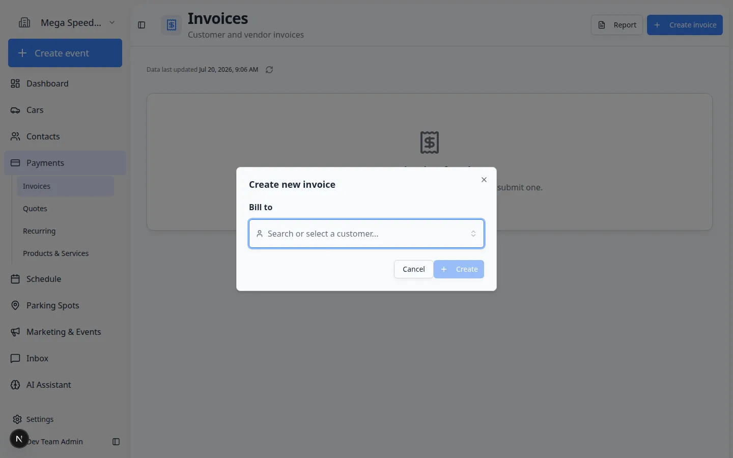 Issue Invoice window with customer selected, line items filled in, and payment behavior options visible