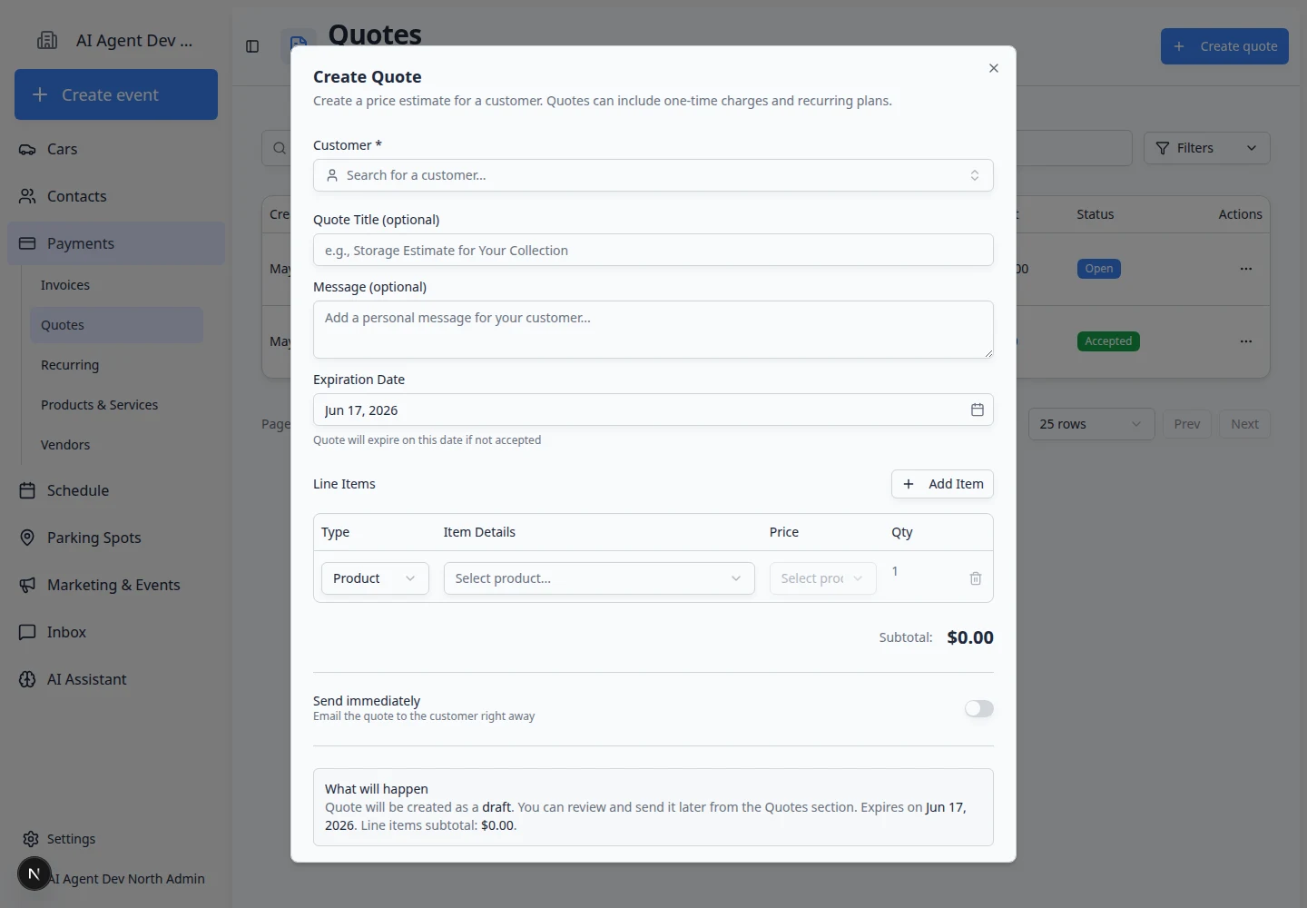Create quote dialog showing customer selection, quote header, description, expiration date, line items, and total