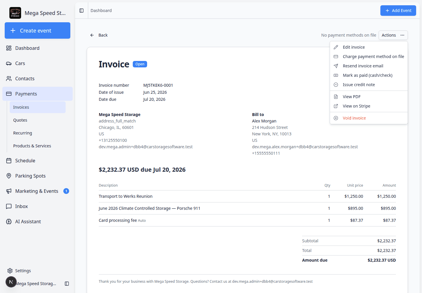 Actions menu on an open invoice showing Edit invoice, Resend invoice email, Issue credit note, and Void invoice options